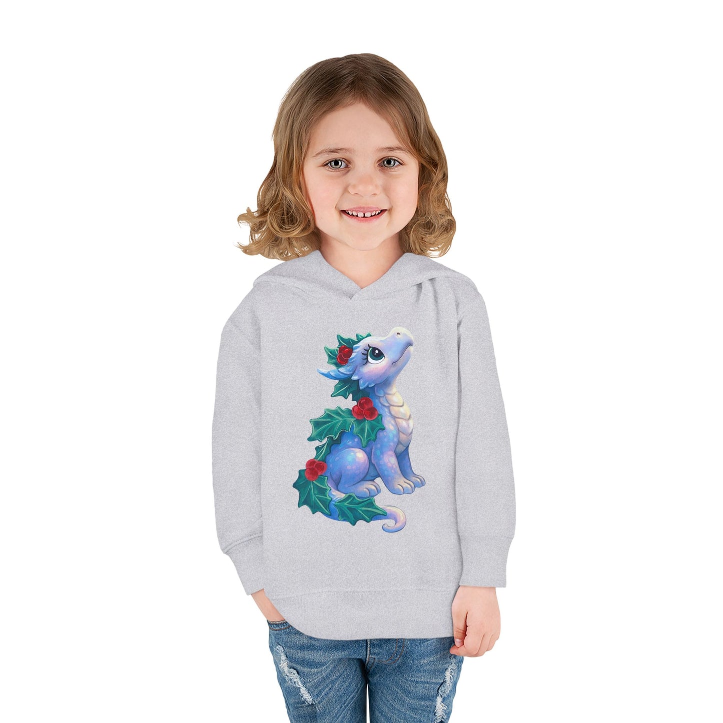 Toddler Hoodie — Cute Blue Baby Dragon with Holly Christmas Design