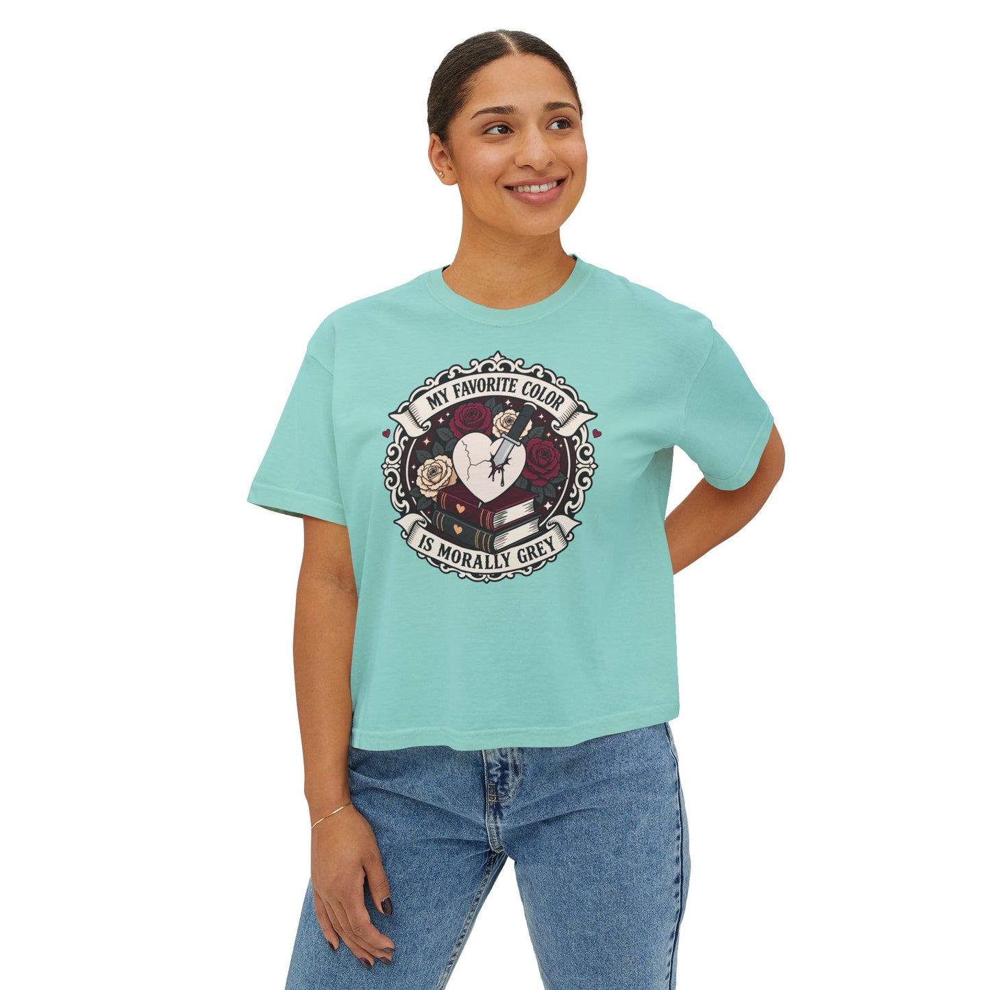 Morally Grey Reading Club Boxy Tee No Refunds on Clothing