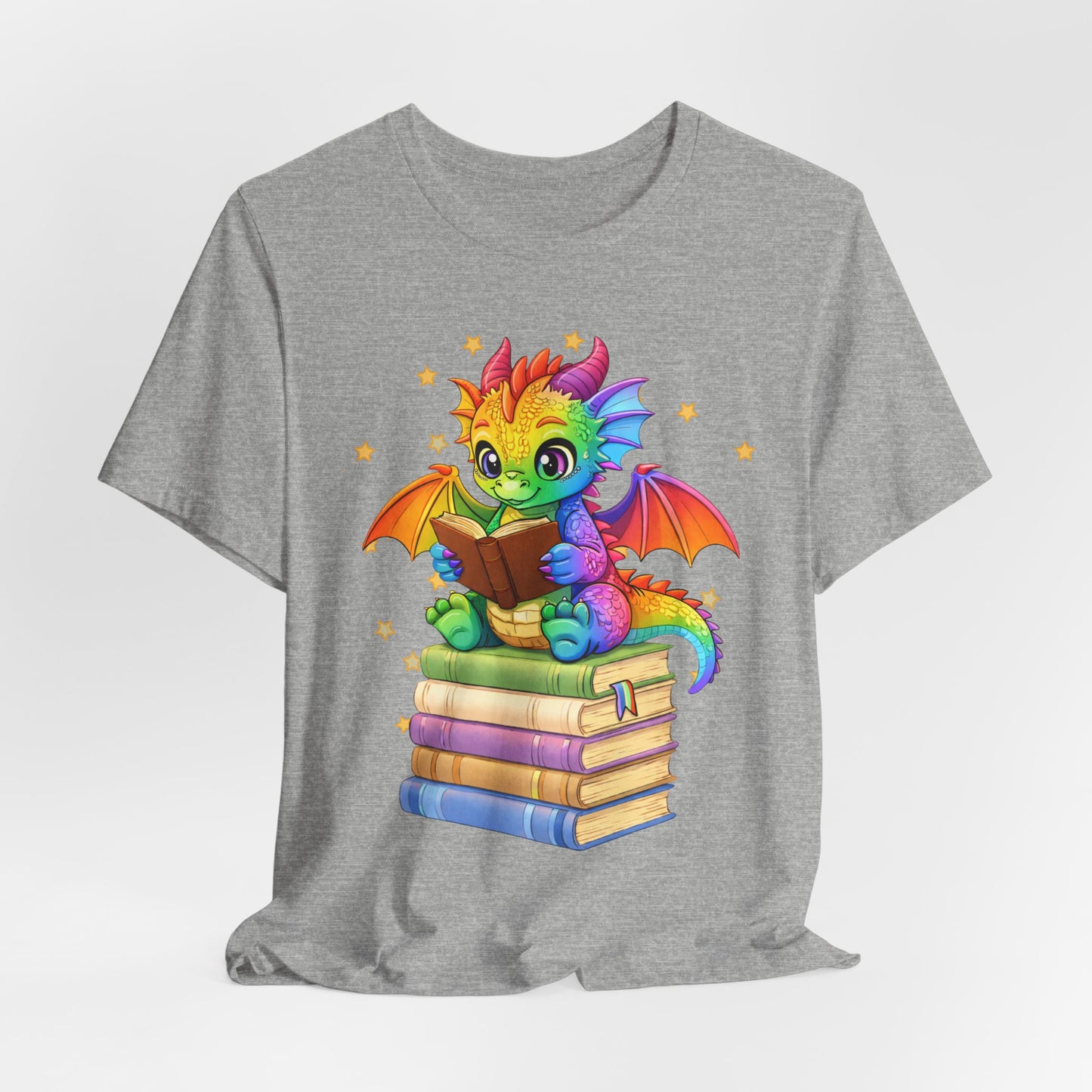 Jellybean Book Dragon Sitting on Books Graphic Tee