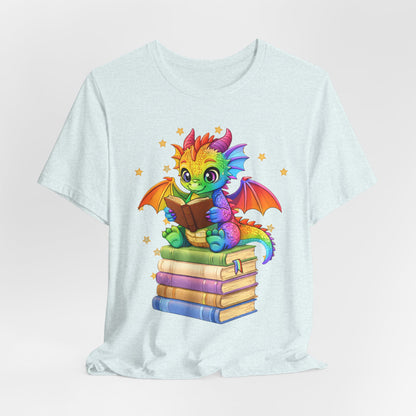 Jellybean Book Dragon Sitting on Books Graphic Tee