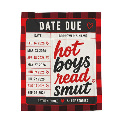 Velveteen Plush Blanket — "Hot Boys Read Smut" Library Card Throw, Cozy Plaid Reading Blanket