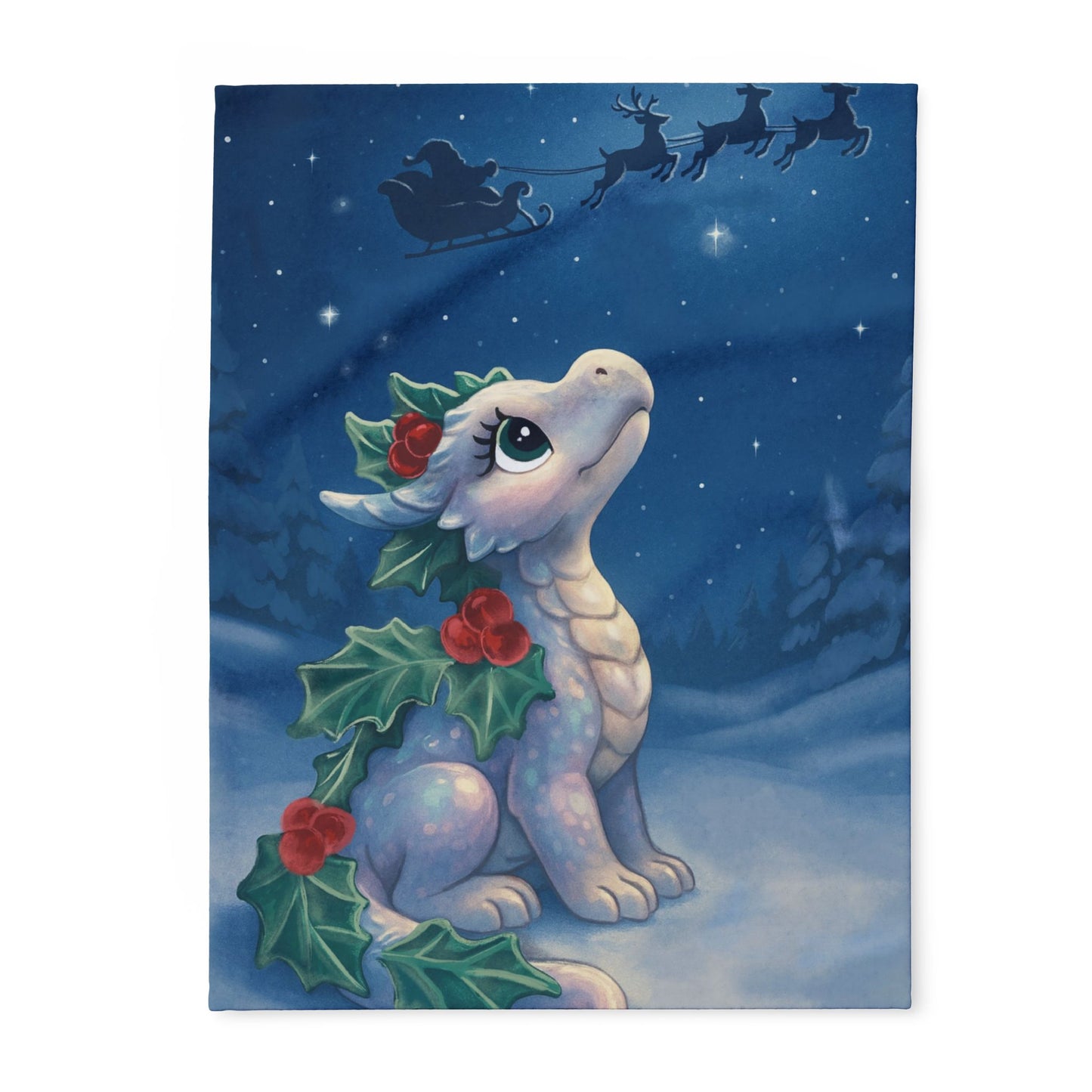Emberly Holiday Dragon Fleece Blanket — Cute Winter Dragon with Holly & Santa Silhouette
