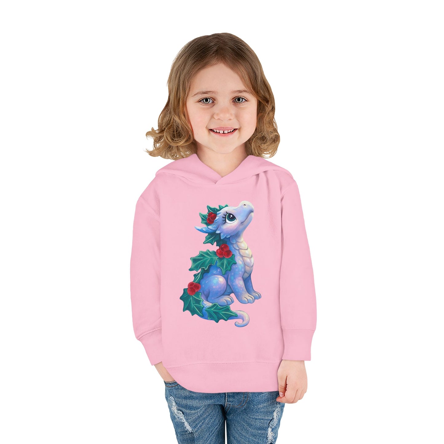 Toddler Hoodie — Cute Blue Baby Dragon with Holly Christmas Design