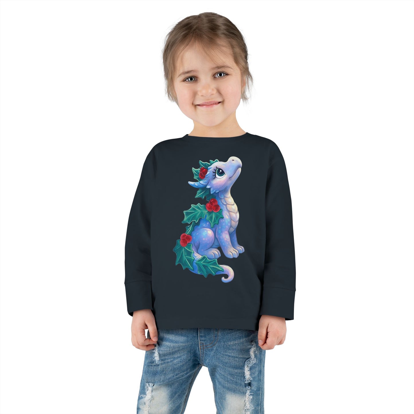 Holiday Dragon Toddler Long Sleeve Tee — Cute Blue Baby Dragon with Holly