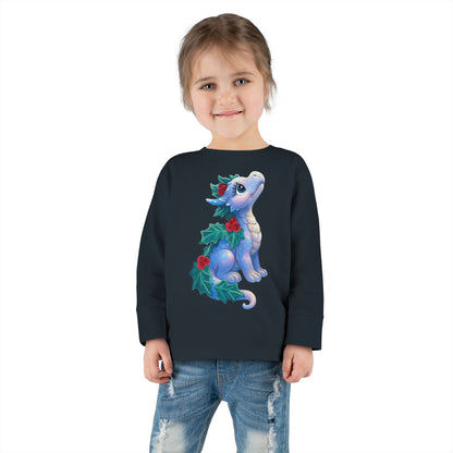 Holiday Dragon Toddler Long Sleeve Tee — Cute Blue Baby Dragon with Holly