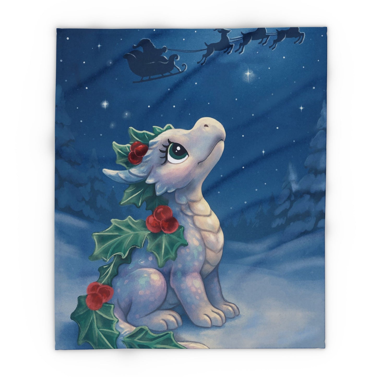 Emberly Holiday Dragon Fleece Blanket — Cute Winter Dragon with Holly & Santa Silhouette