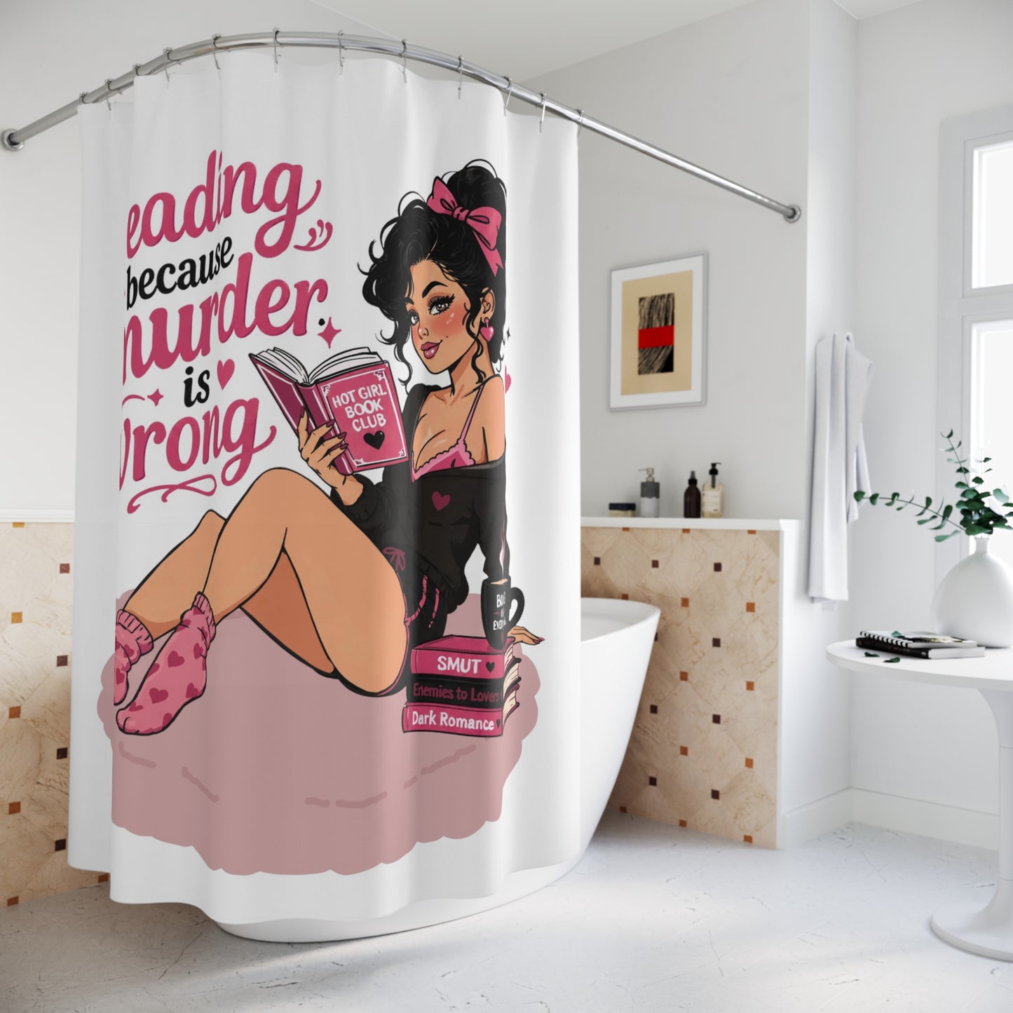Murder Mystery Shower Curtain — "Reading Because Murder Is Wrong" Cozy Booklover Bath Decor