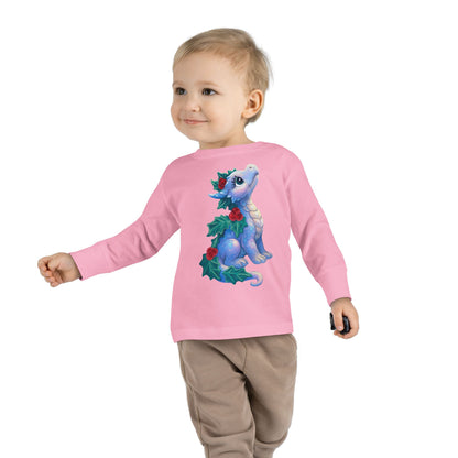 Holiday Dragon Toddler Long Sleeve Tee — Cute Blue Baby Dragon with Holly