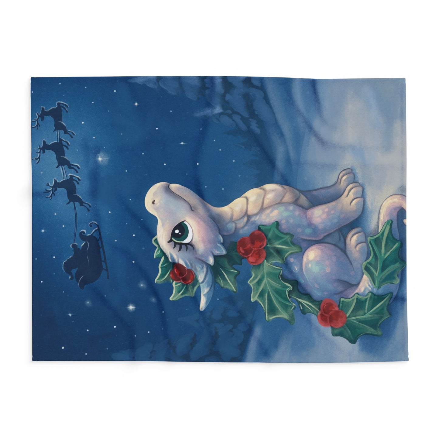 Emberly Holiday Dragon Fleece Blanket — Cute Winter Dragon with Holly & Santa Silhouette
