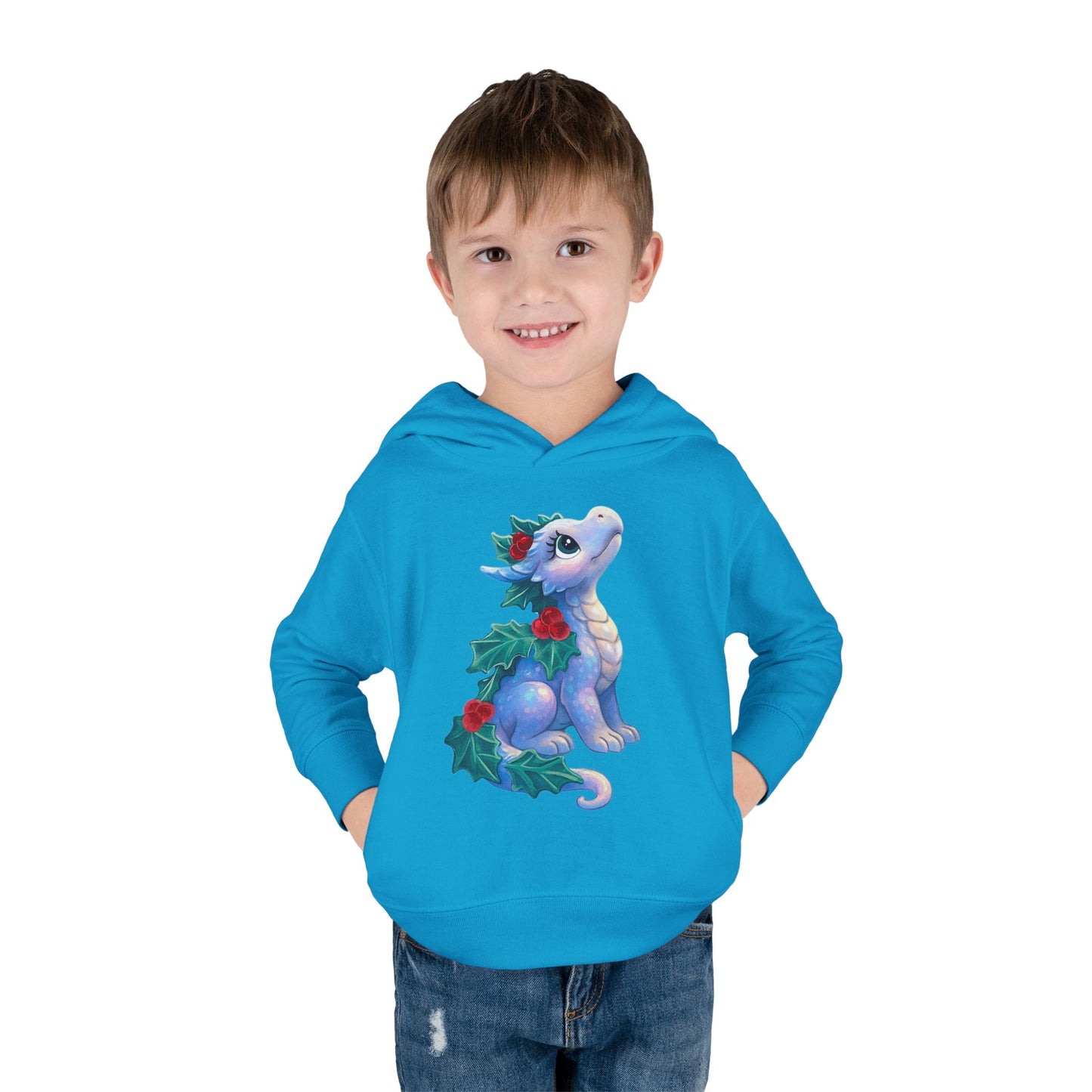 Toddler Hoodie — Cute Blue Baby Dragon with Holly Christmas Design