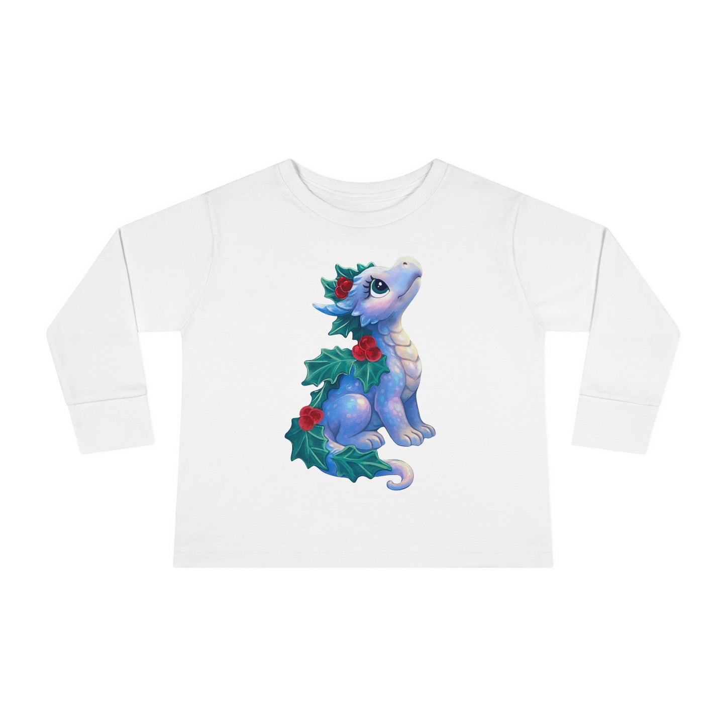 Holiday Dragon Toddler Long Sleeve Tee — Cute Blue Baby Dragon with Holly