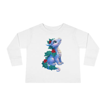 Holiday Dragon Toddler Long Sleeve Tee — Cute Blue Baby Dragon with Holly