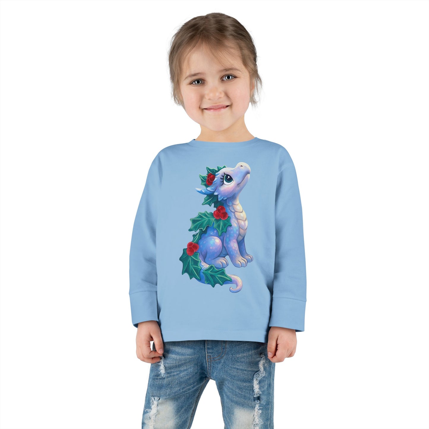 Holiday Dragon Toddler Long Sleeve Tee — Cute Blue Baby Dragon with Holly