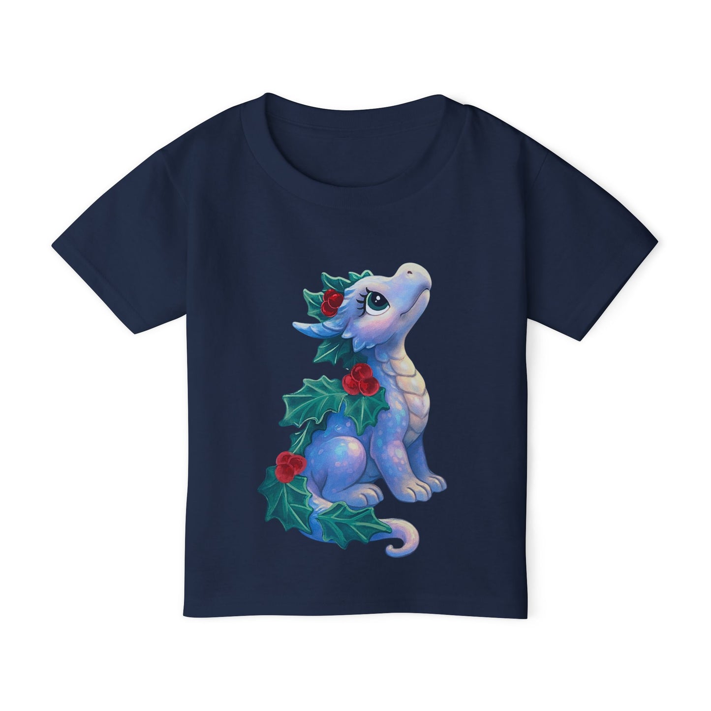 Toddler T-Shirt — Cute Blue Holiday Dragon with Holly & Berries
