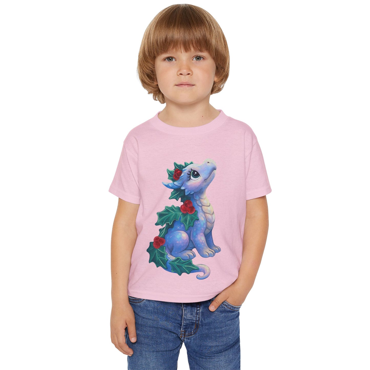Toddler T-Shirt — Cute Blue Holiday Dragon with Holly & Berries