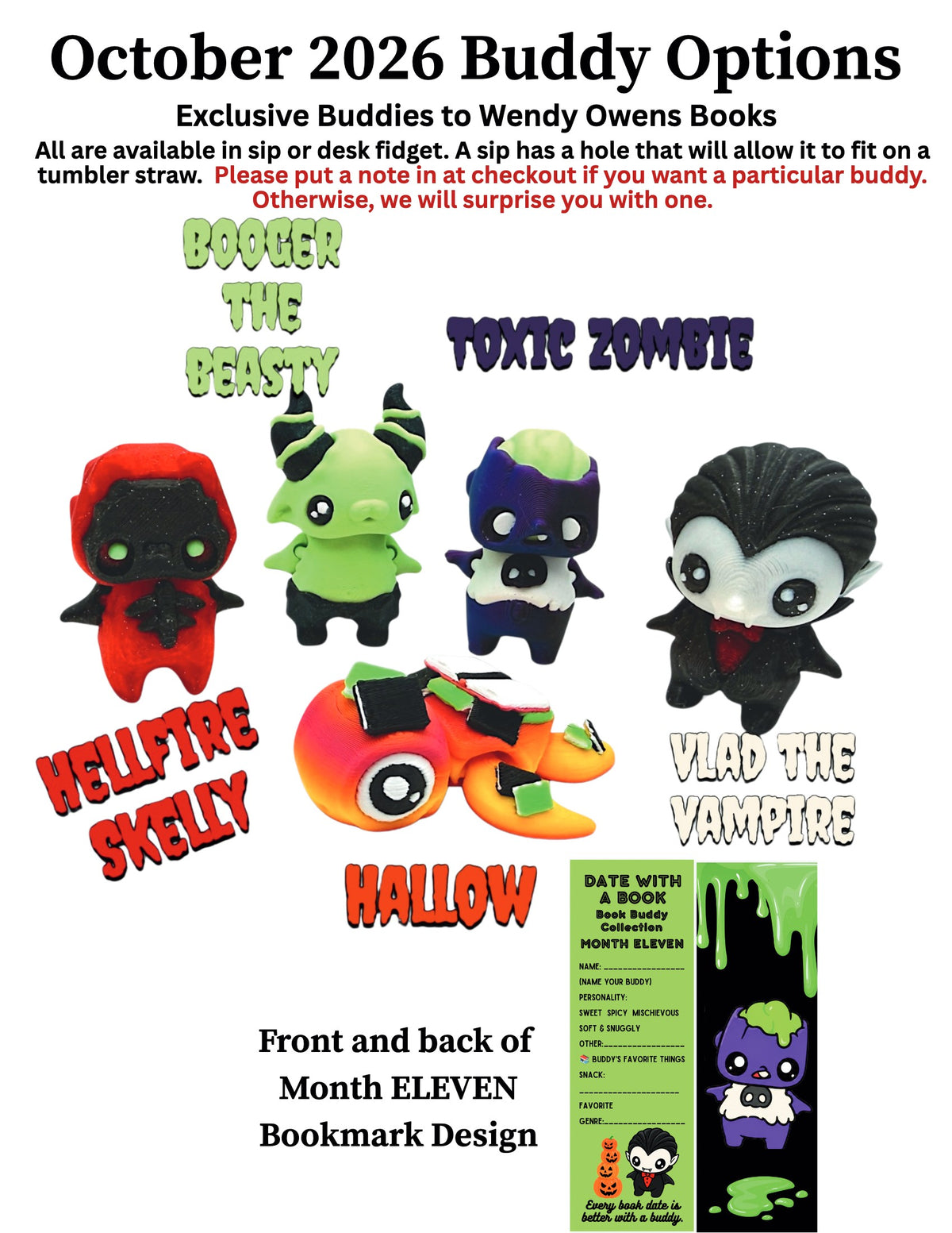 October 2026 Book Buddy options and Month Eleven bookmark design