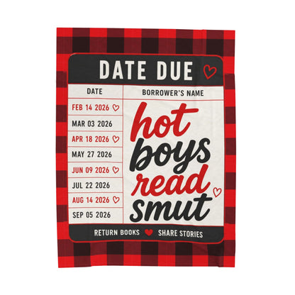 Velveteen Plush Blanket — "Hot Boys Read Smut" Library Card Throw, Cozy Plaid Reading Blanket