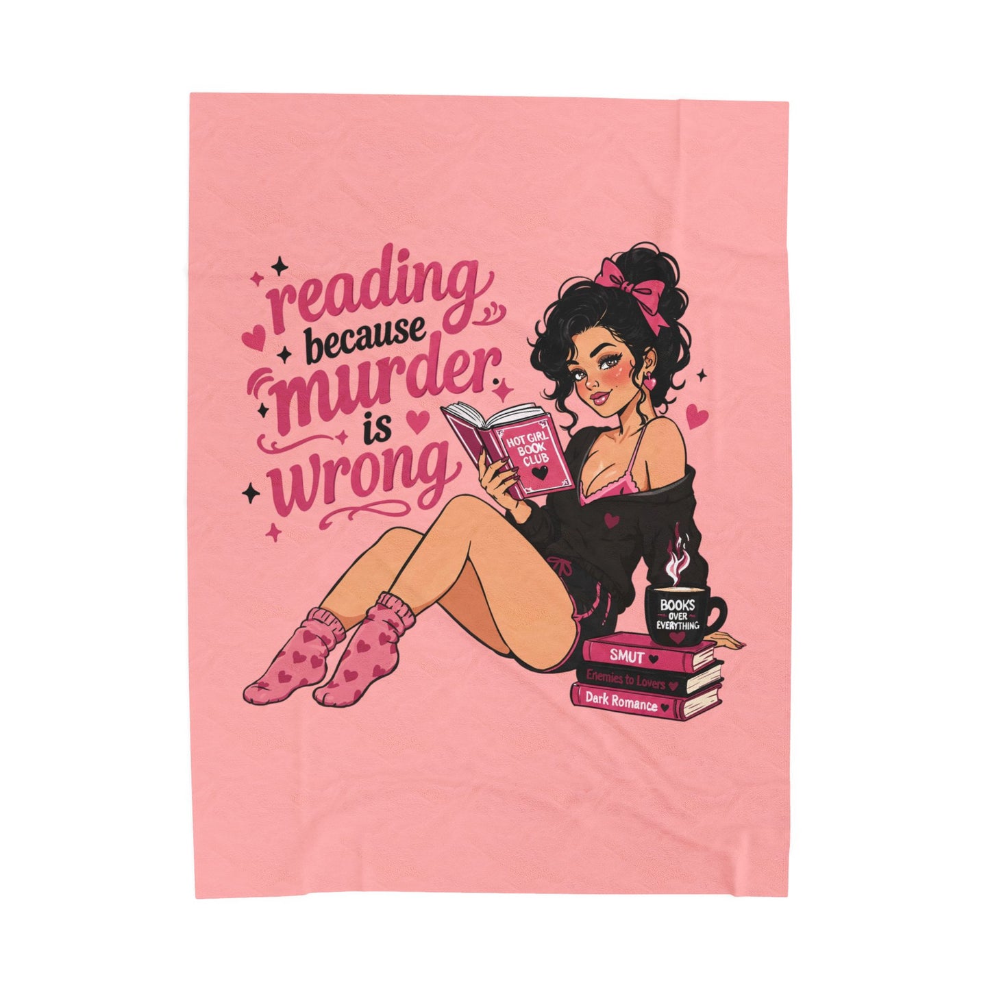 Velveteen Plush Blanket Pink Retro Booklover Pin-Up Design full character – view 2
