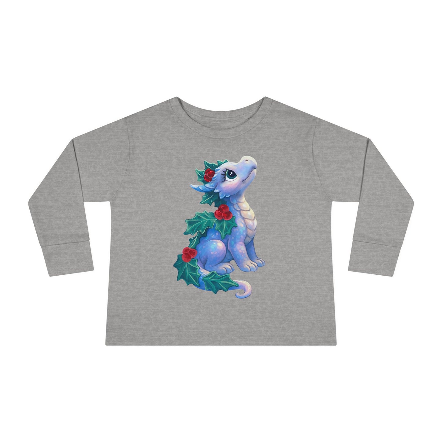 Holiday Dragon Toddler Long Sleeve Tee — Cute Blue Baby Dragon with Holly