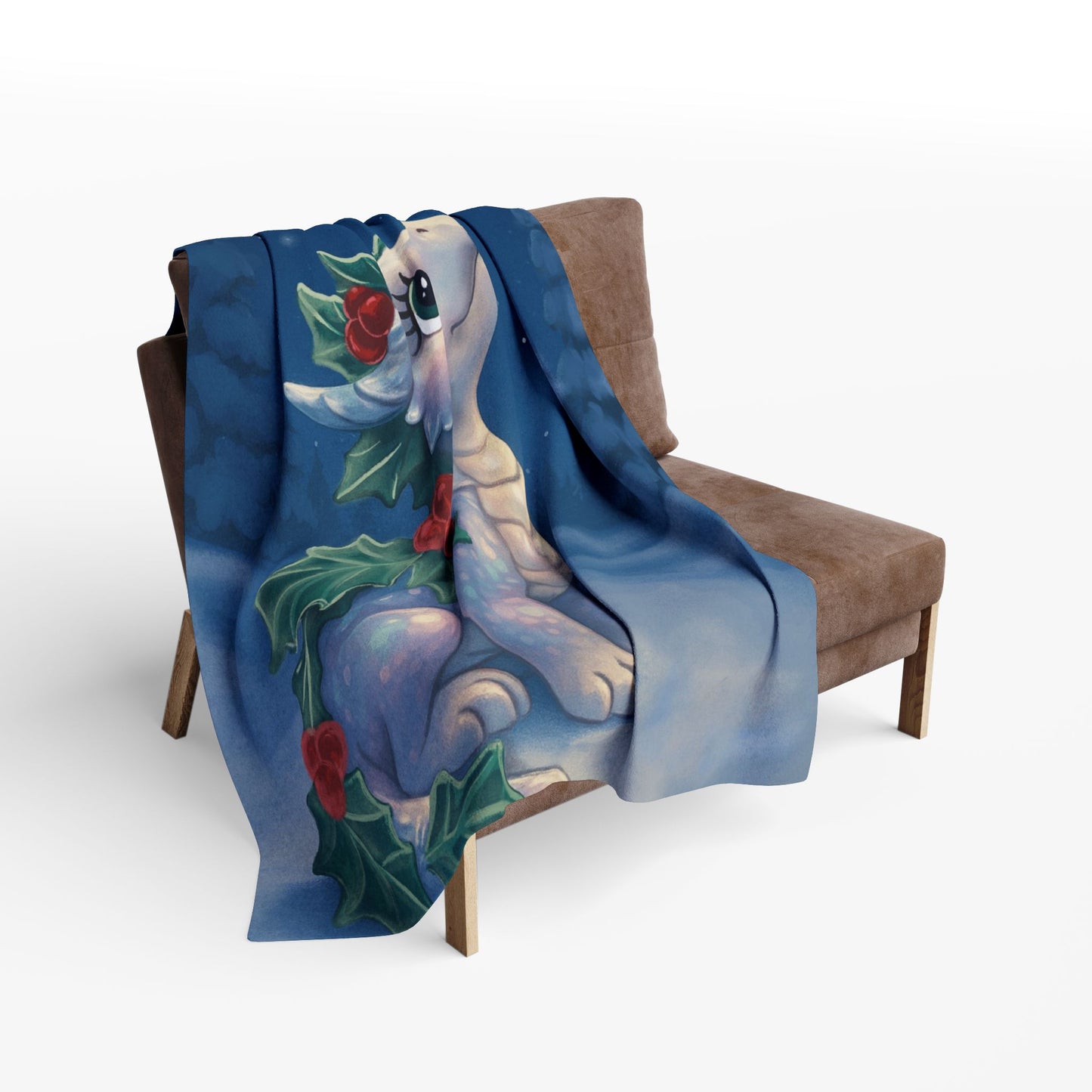 Emberly Holiday Dragon Fleece Blanket — Cute Winter Dragon with Holly & Santa Silhouette