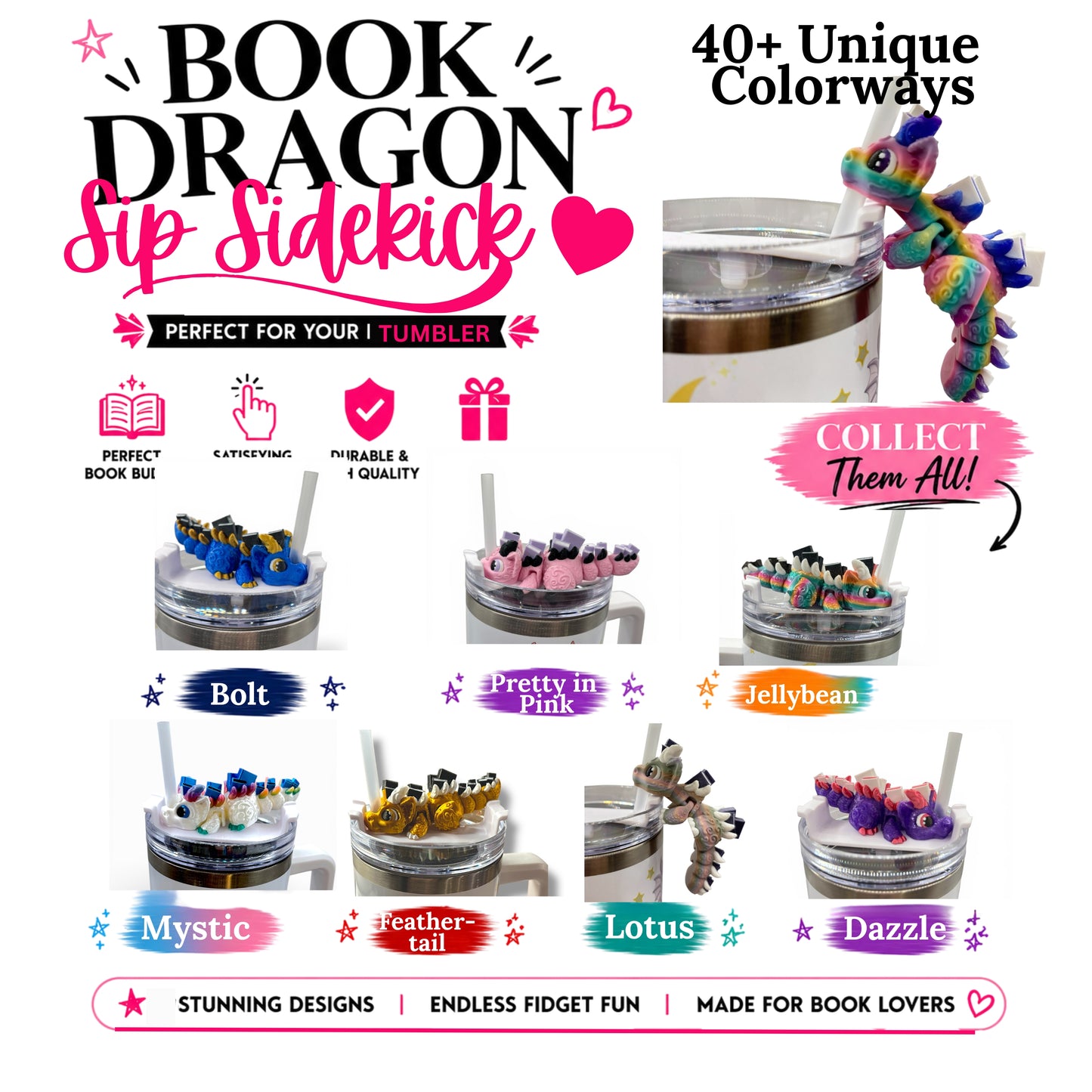 Book Dragons Articulated 3D Printed Sip Sidekicks for Tumblers