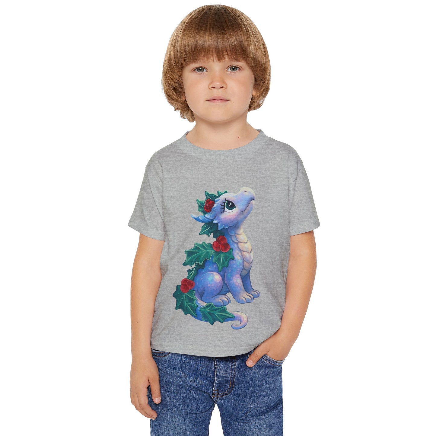 Toddler T-Shirt — Cute Blue Holiday Dragon with Holly & Berries