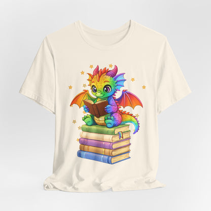Jellybean Book Dragon Sitting on Books Graphic Tee