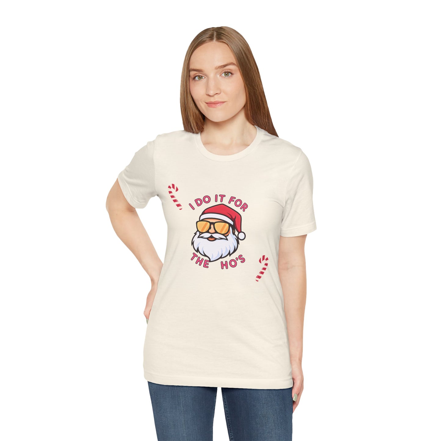 I Do It For The Ho's Santa T-Shirt — Funny Christmas Tee with Sunglasses Santa & Candy Canes