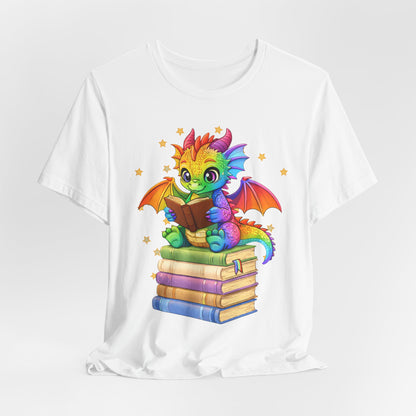 Jellybean Book Dragon Sitting on Books Graphic Tee