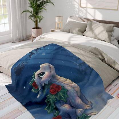 Emberly Holiday Dragon Fleece Blanket — Cute Winter Dragon with Holly & Santa Silhouette