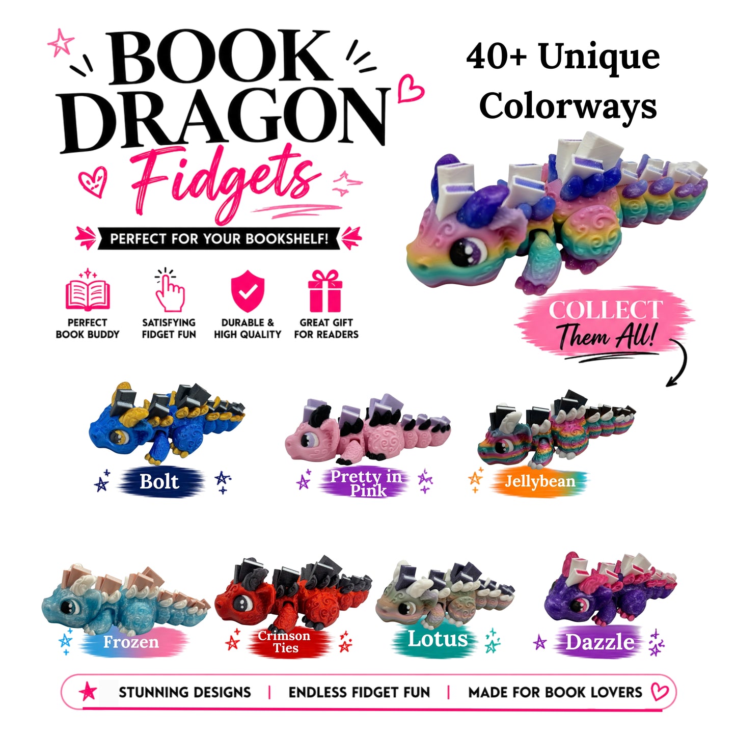 Book Dragons Articulated 3D Printed Fidgets