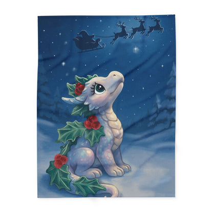 Emberly Holiday Dragon Fleece Blanket — Cute Winter Dragon with Holly & Santa Silhouette