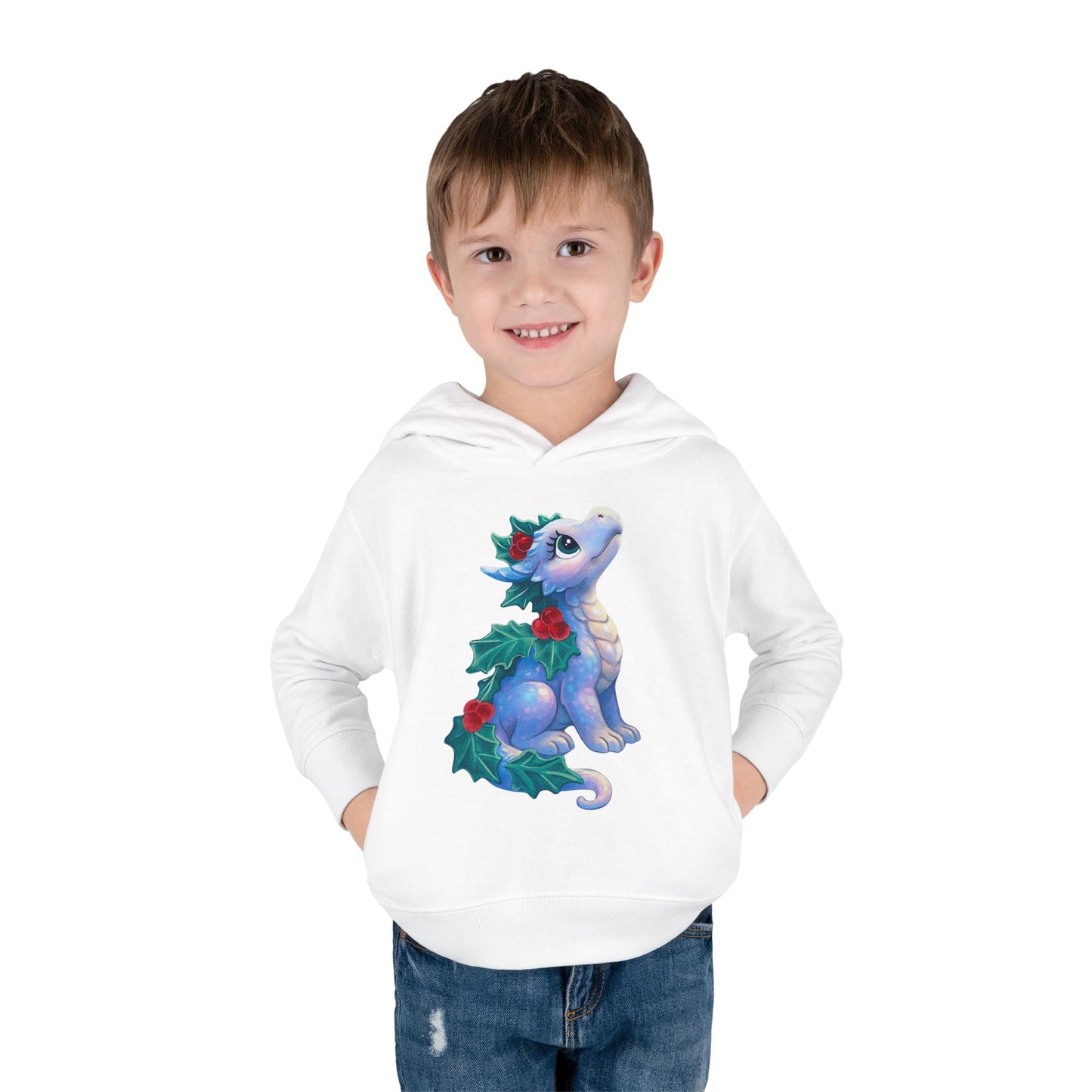 Toddler Hoodie — Cute Blue Baby Dragon with Holly Christmas Design