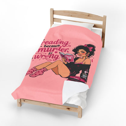 Velveteen Plush Blanket Pink Retro Booklover Pin-Up Design full character – view 9