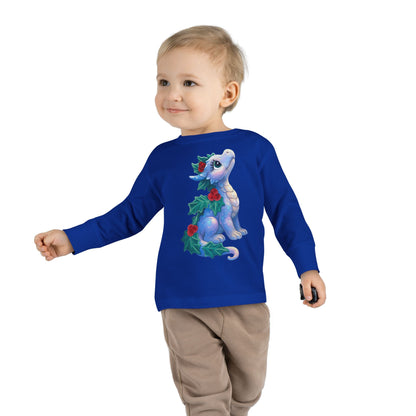 Holiday Dragon Toddler Long Sleeve Tee — Cute Blue Baby Dragon with Holly