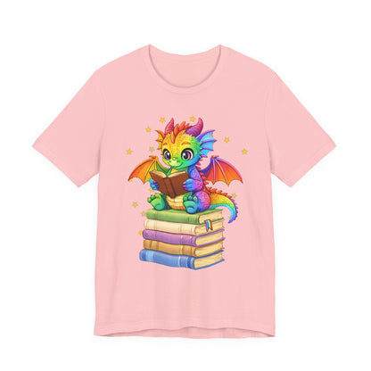 Jellybean Book Dragon Sitting on Books Graphic Tee