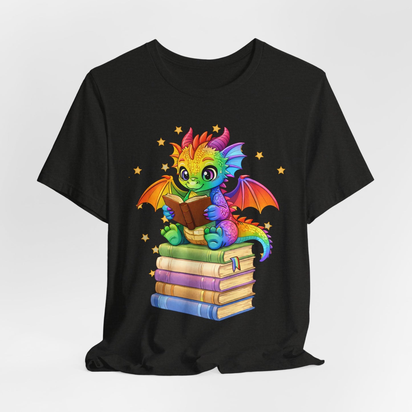 Jellybean Book Dragon Sitting on Books Graphic Tee