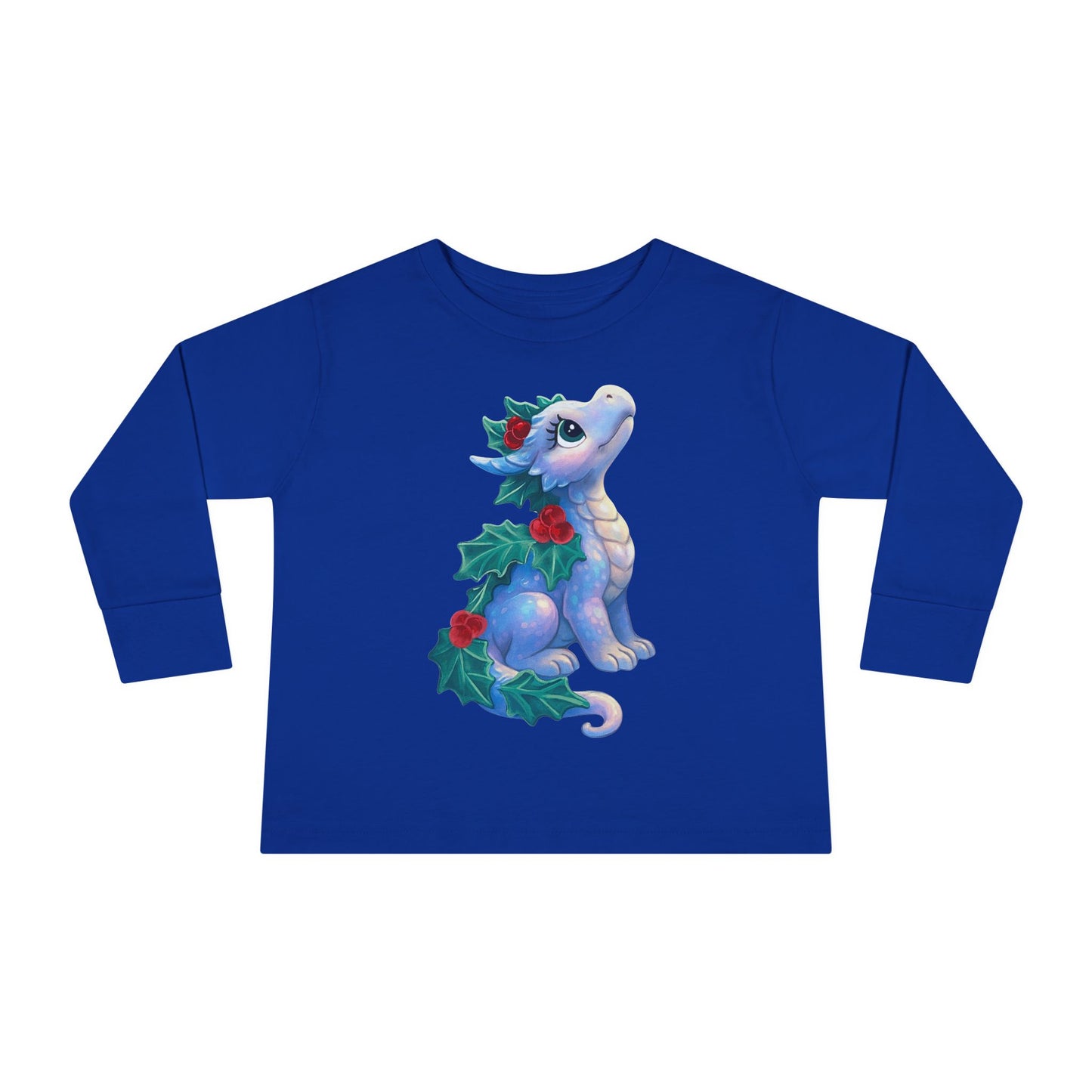 Holiday Dragon Toddler Long Sleeve Tee — Cute Blue Baby Dragon with Holly