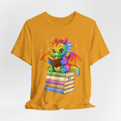 Jellybean Book Dragon Sitting on Books Graphic Tee