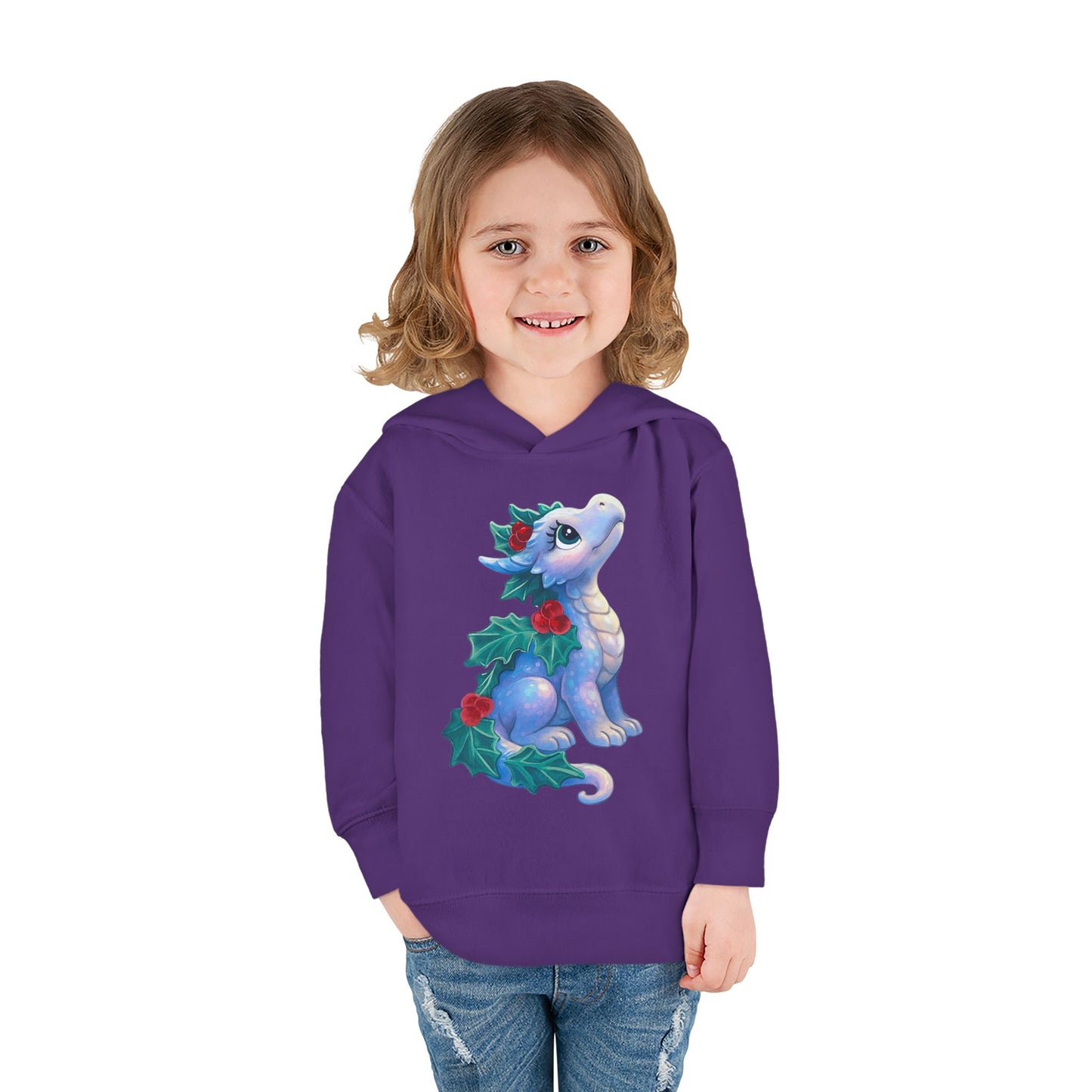 Toddler Hoodie — Cute Blue Baby Dragon with Holly Christmas Design