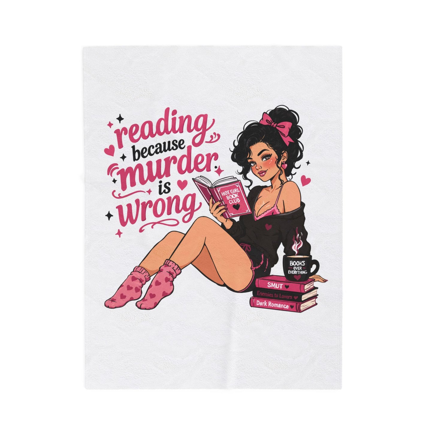 White version Velveteen Plush Blanket Pink Retro Booklover Pin-Up Design full character (no returns)