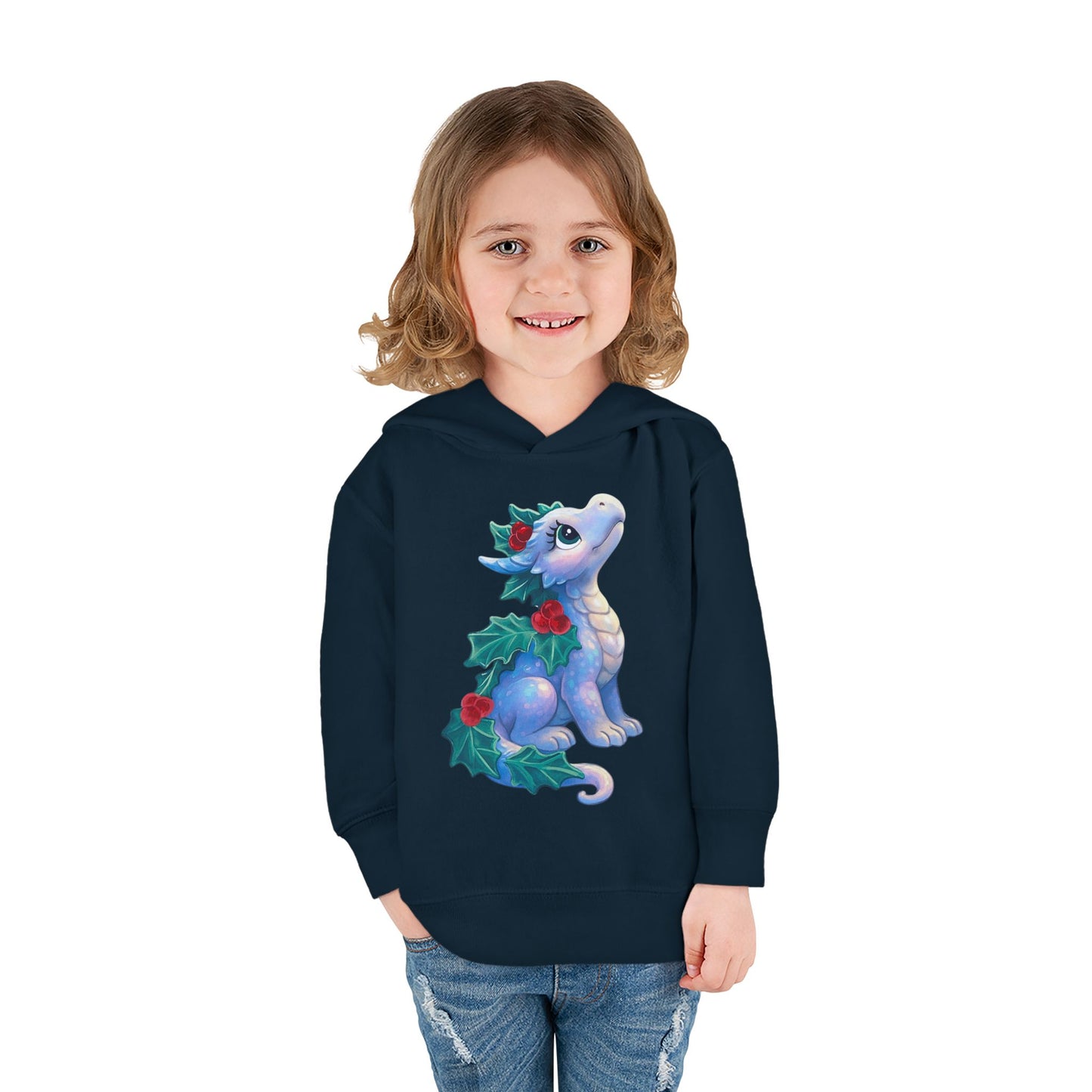 Toddler Hoodie — Cute Blue Baby Dragon with Holly Christmas Design
