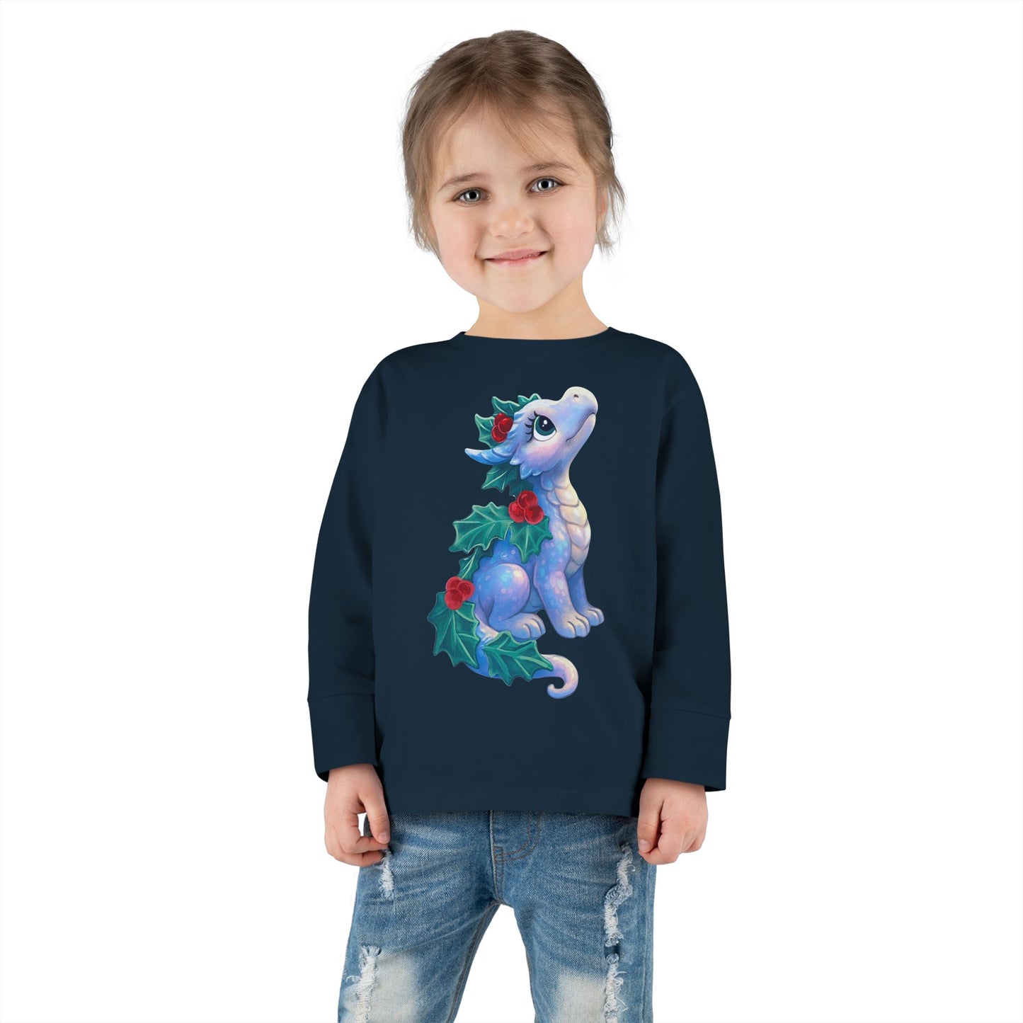 Holiday Dragon Toddler Long Sleeve Tee — Cute Blue Baby Dragon with Holly
