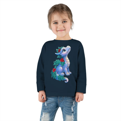 Holiday Dragon Toddler Long Sleeve Tee — Cute Blue Baby Dragon with Holly
