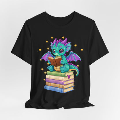 Amethyst Book Dragon Sitting on Books Graphic Tee