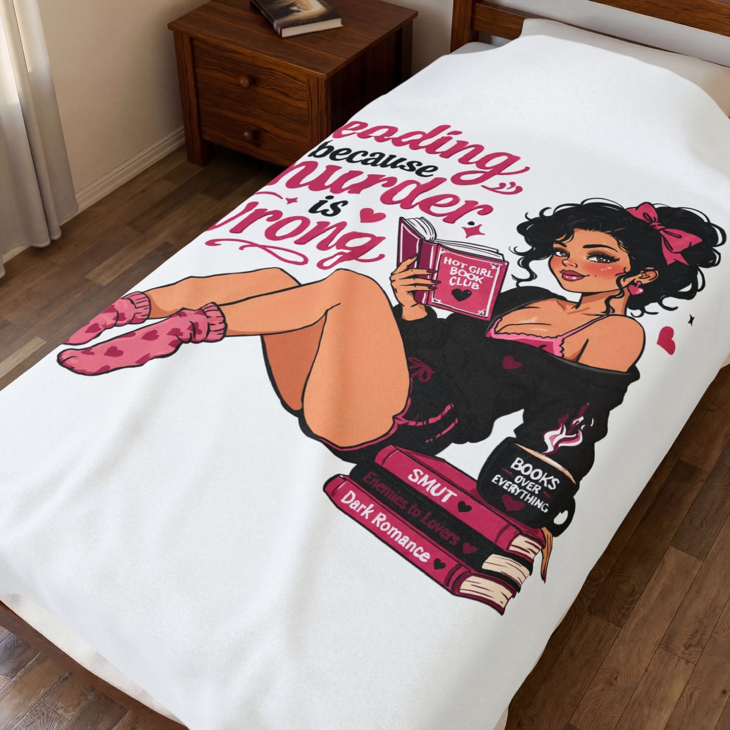 White version Velveteen Plush Blanket Pink Retro Booklover Pin-Up Design full character (no returns)