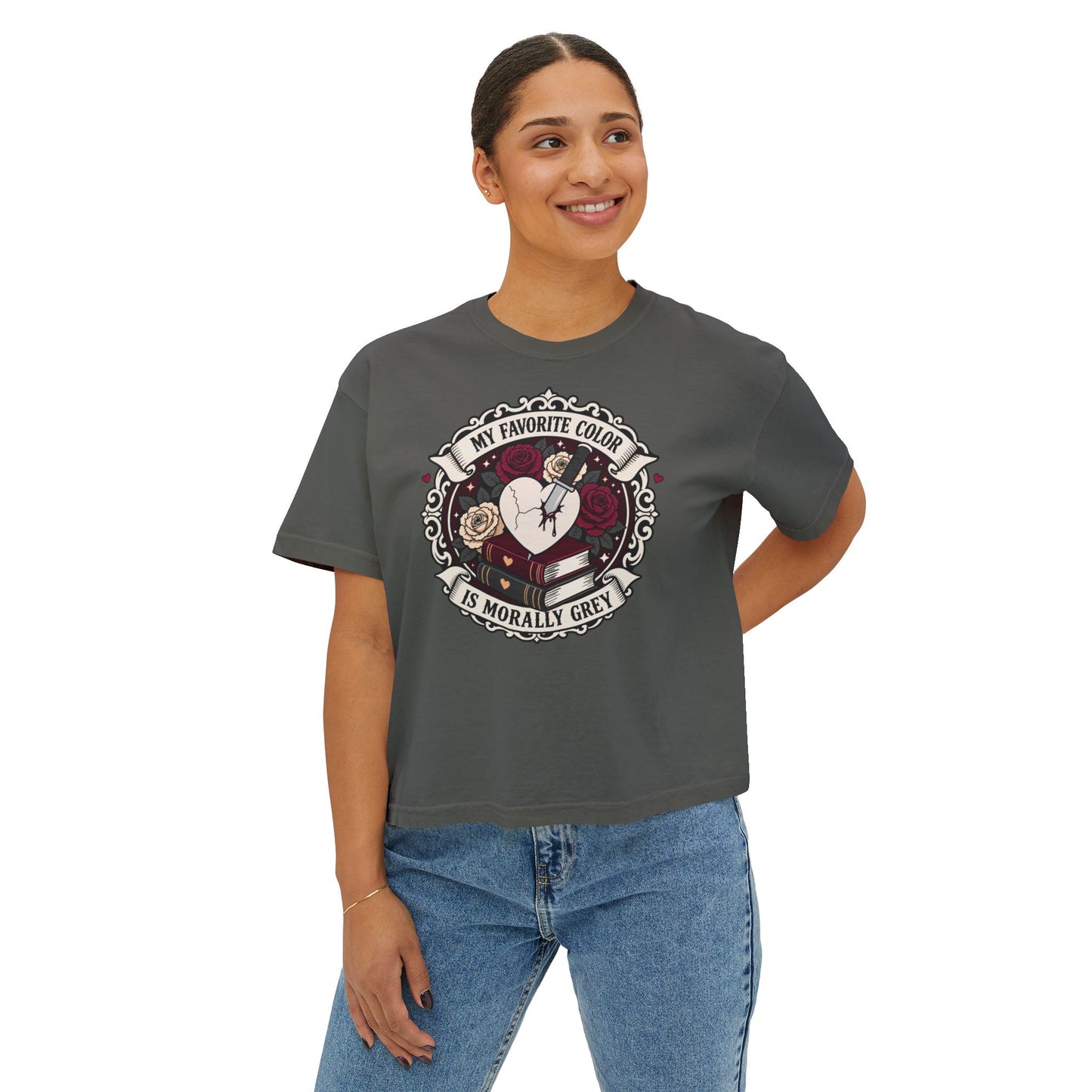 Morally Grey Reading Club Boxy Tee No Refunds on Clothing