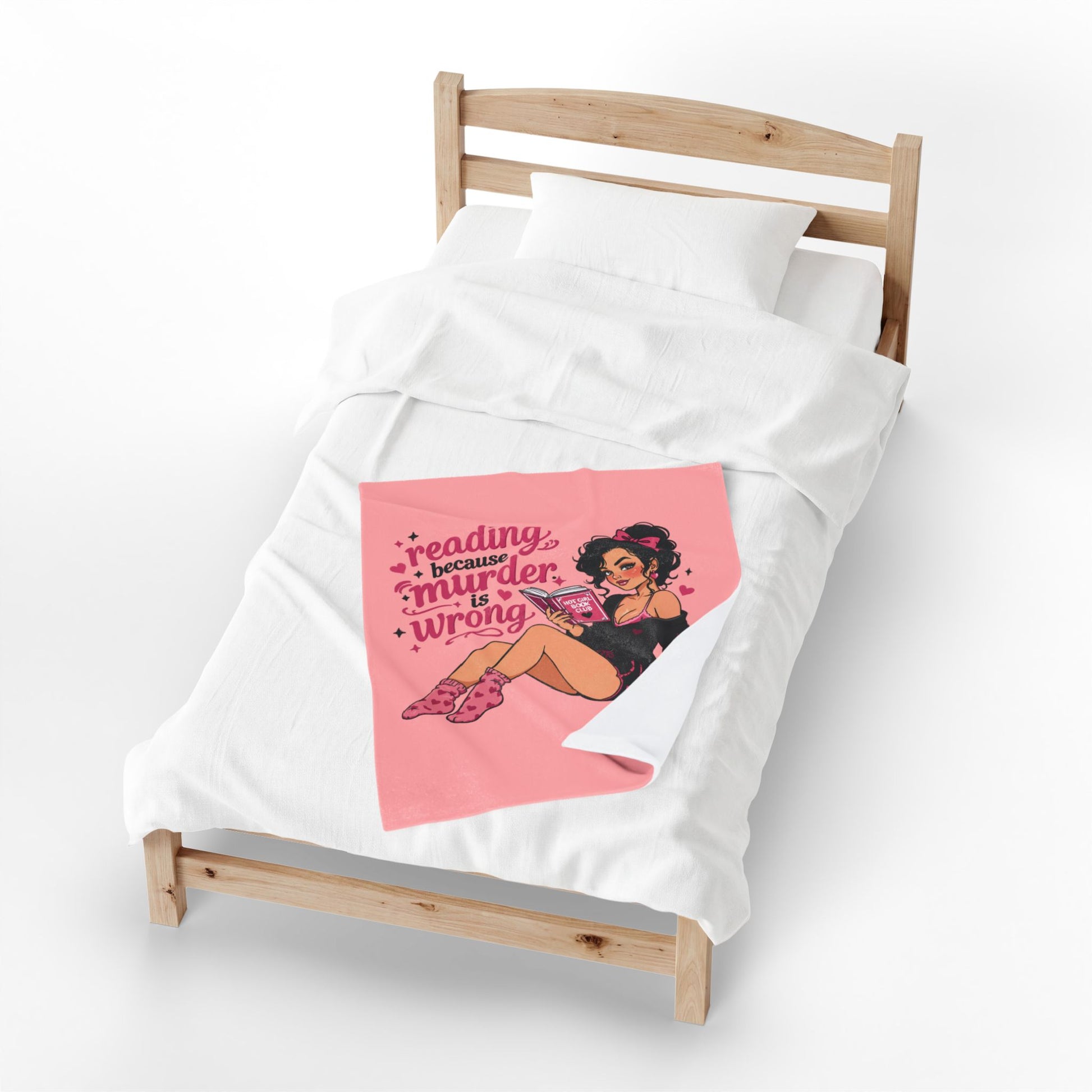 Velveteen Plush Blanket Pink Retro Booklover Pin-Up Design full character – view 12