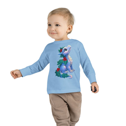 Holiday Dragon Toddler Long Sleeve Tee — Cute Blue Baby Dragon with Holly