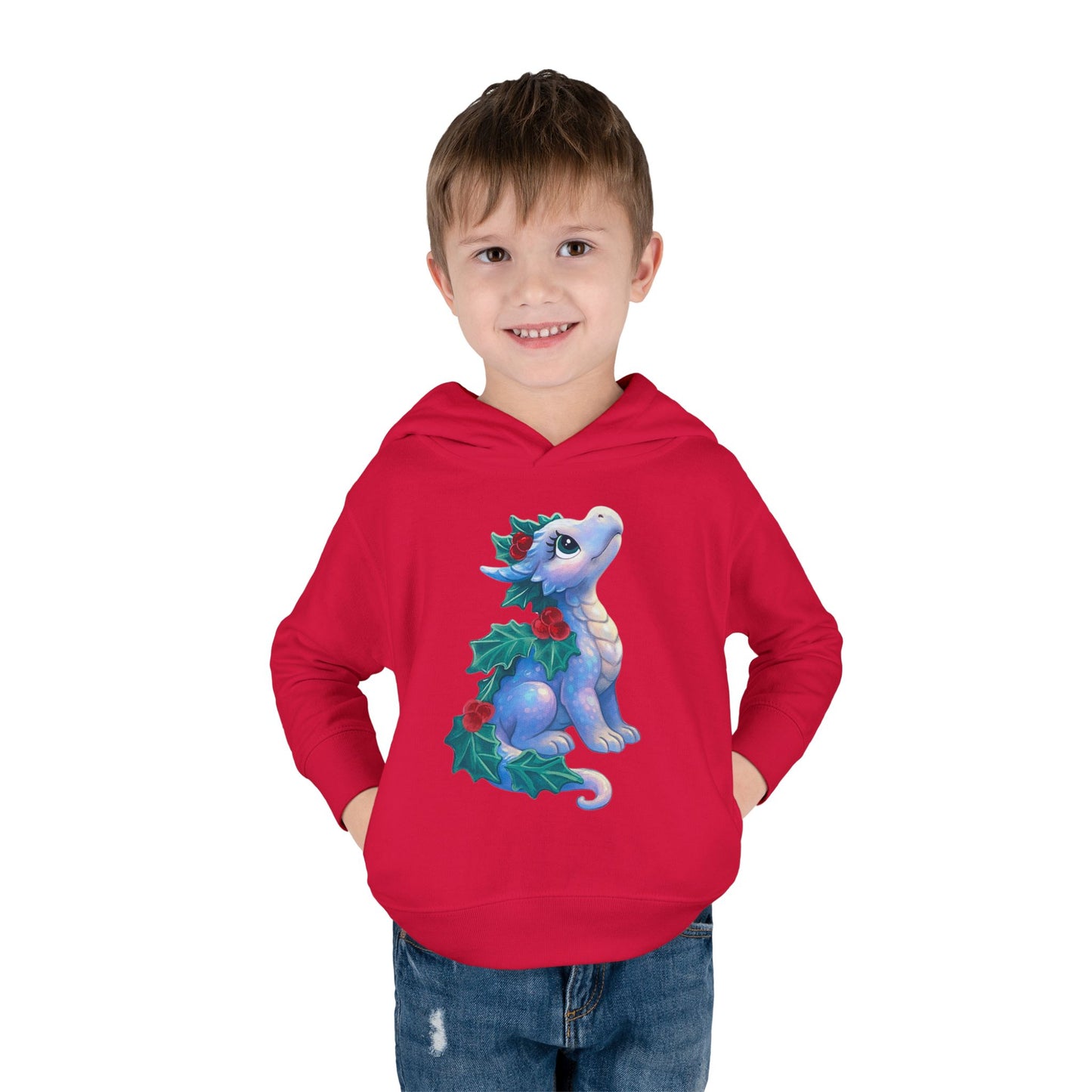Toddler Hoodie — Cute Blue Baby Dragon with Holly Christmas Design